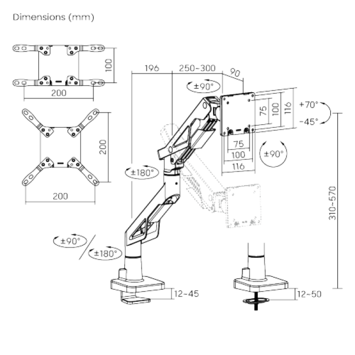 Кронштейн для монитора LUMI (Brateck) LDT95-C012 (24″–57″, до 30 кг) / Black-White
