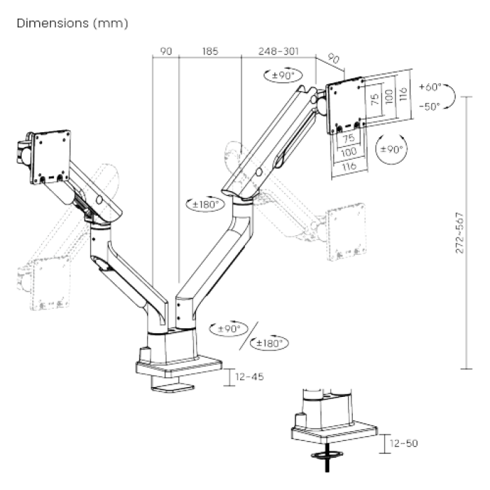 Кронштейн для 2х мониторов LUMI (Brateck) LDT99-C024 (24″–45″, до 27 кг) / White