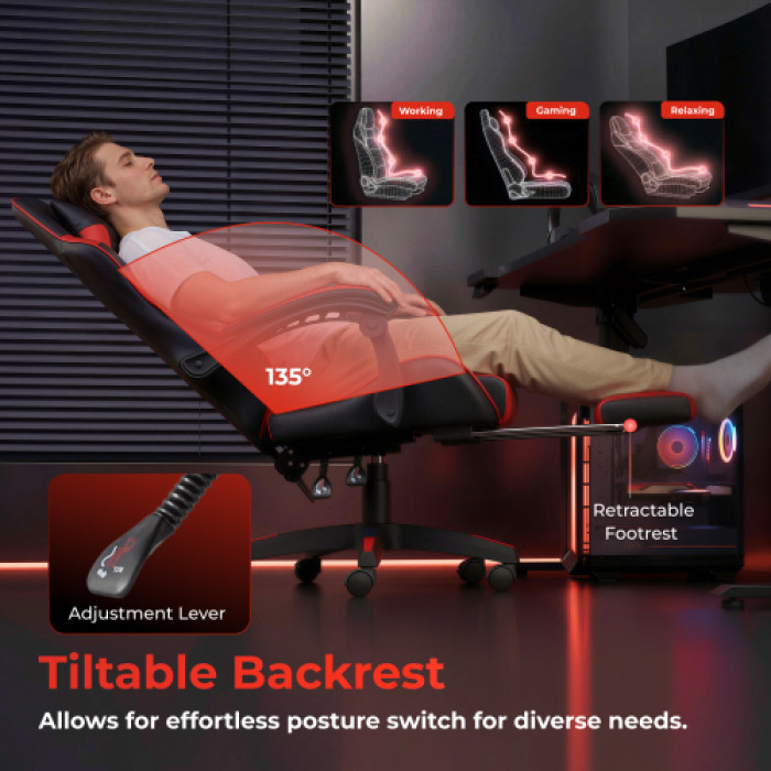 Кресло игровое LUMI CH06-12-04 Gaming Chair с подставкой для ног / Red-Black